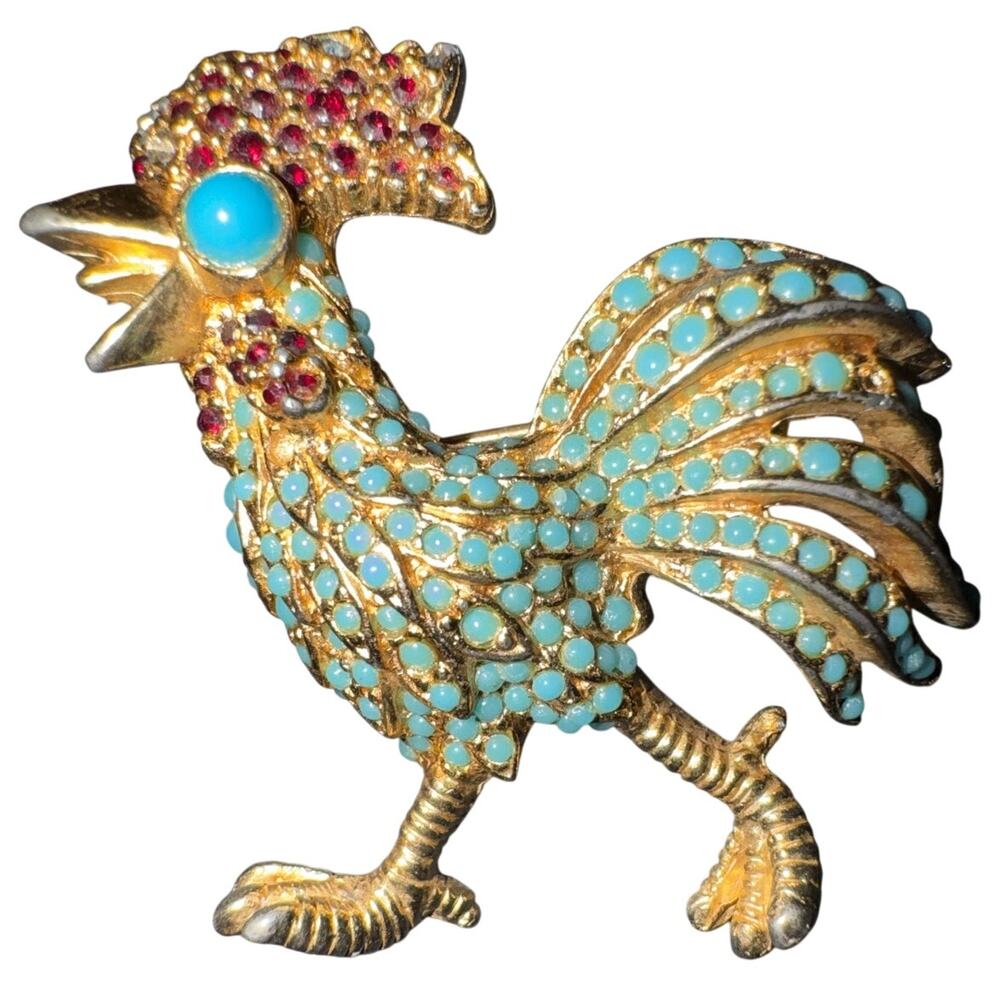 Vintage rooster brooch stamped with faux turquoise stones